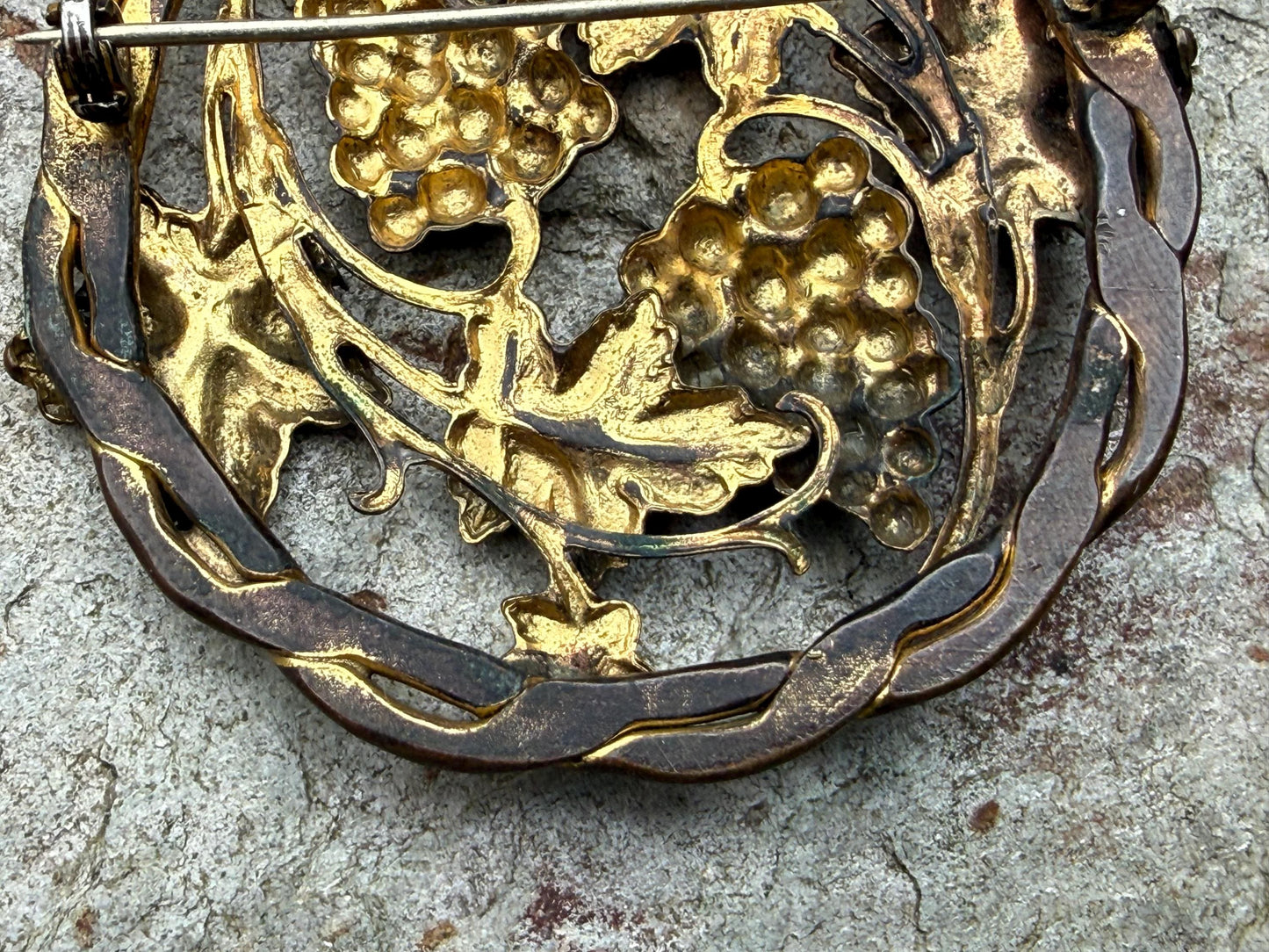 Antique Art Nouveau Grapes & Vine Repousse Brooch