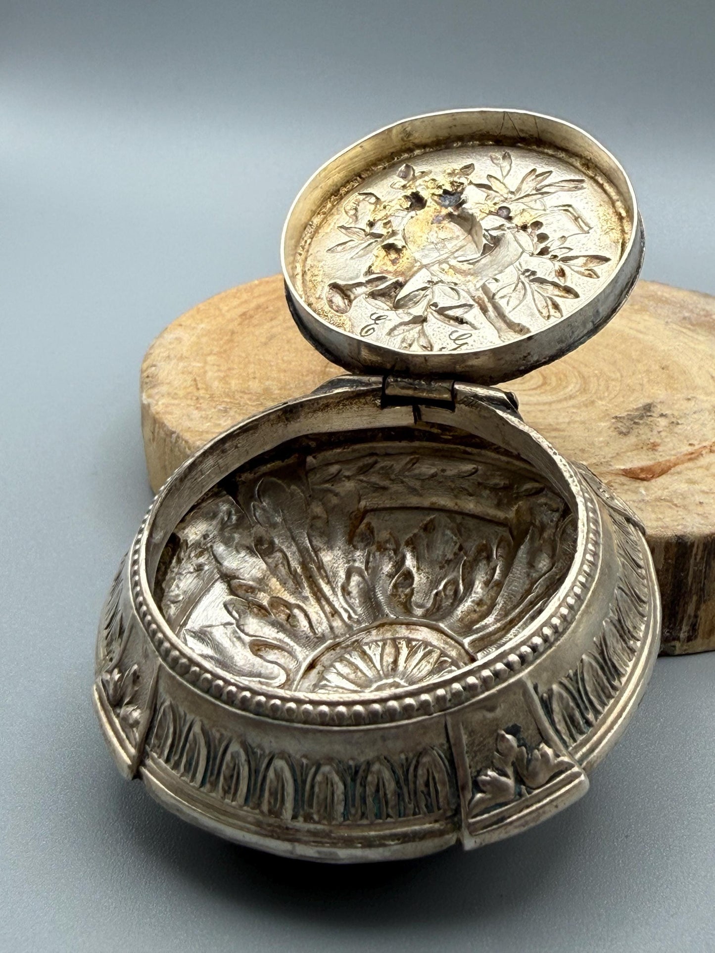 Antique French Silver Trinket Box With Musical Trophy Design