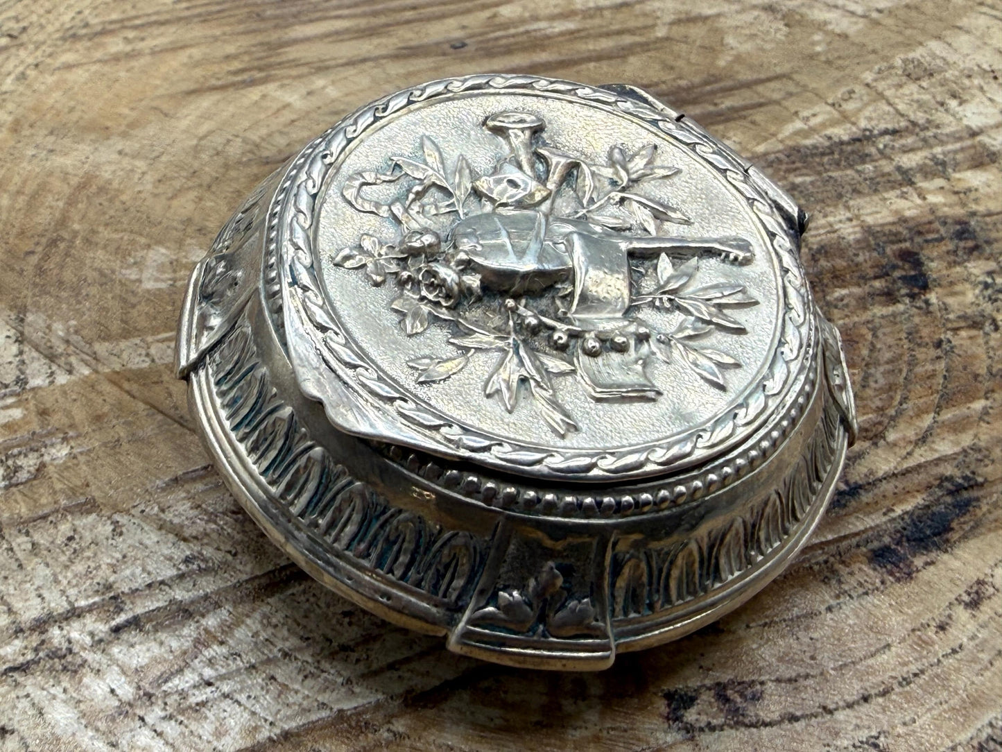 Antique French Silver Trinket Box With Musical Trophy Design