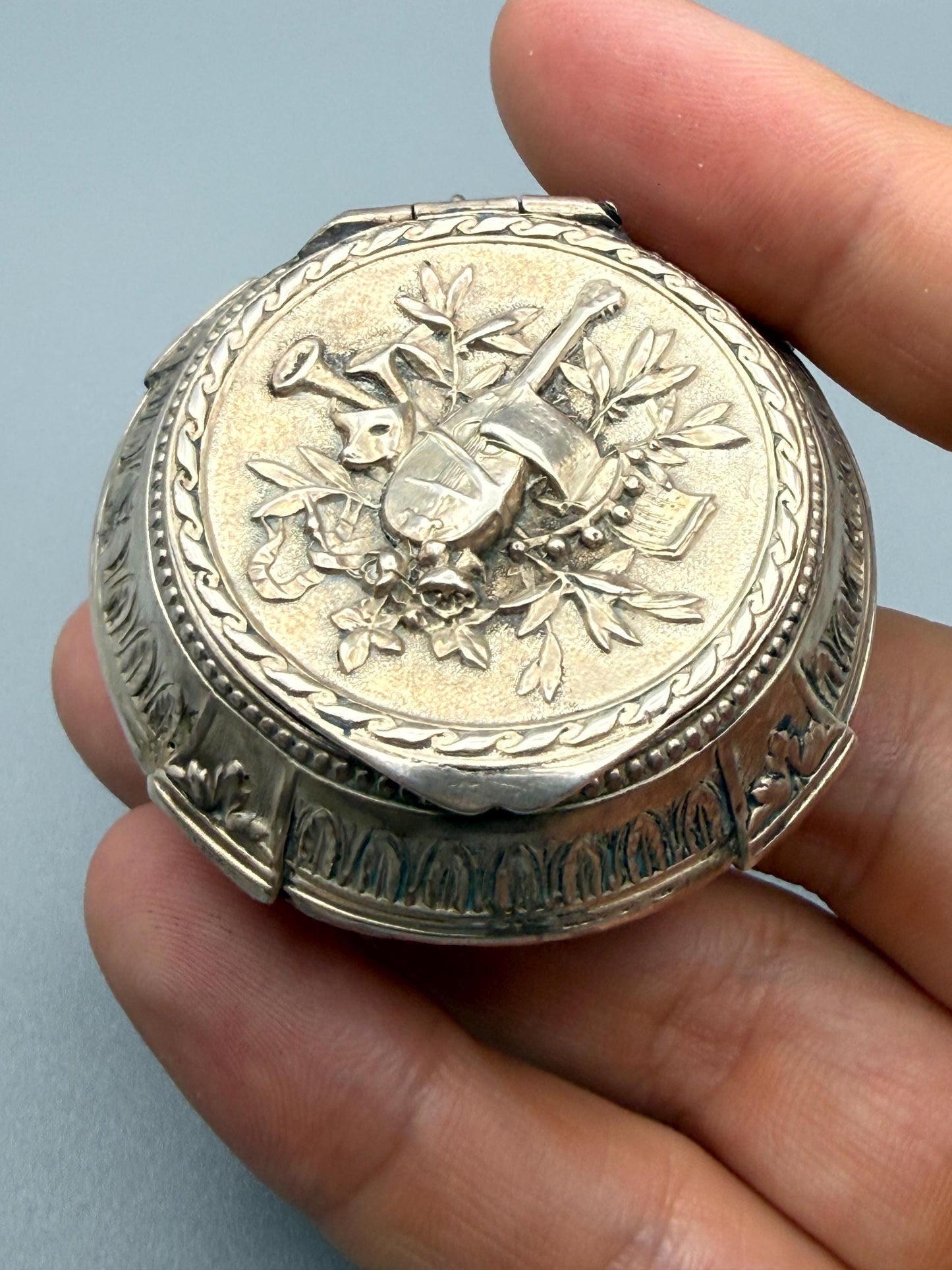 Antique French Silver Trinket Box With Musical Trophy Design