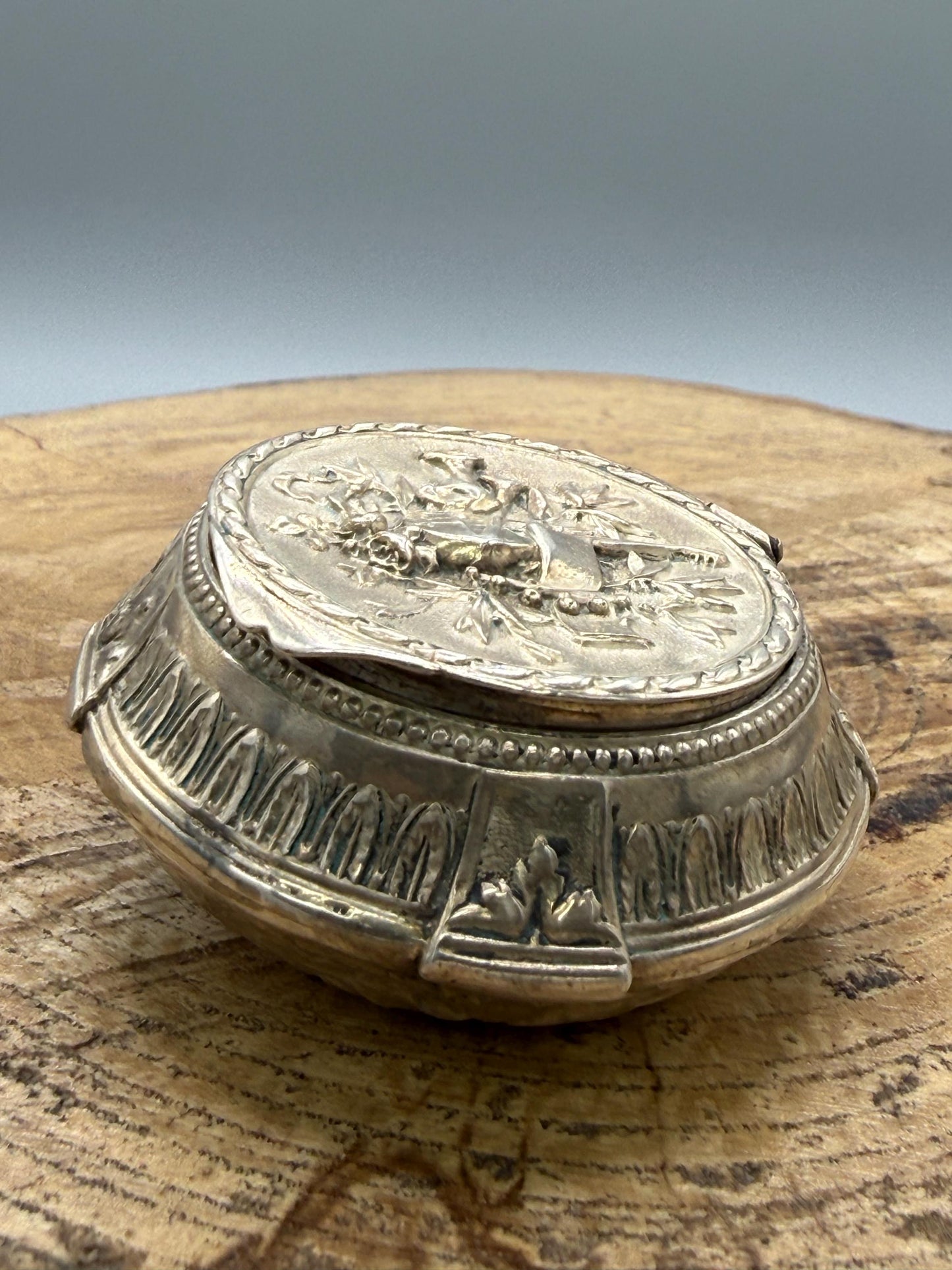 Antique French Silver Trinket Box With Musical Trophy Design