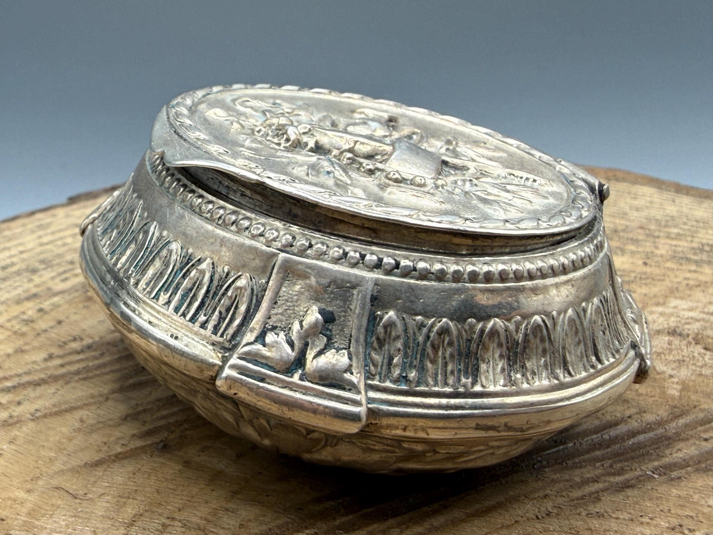 Antique French Silver Trinket Box With Musical Trophy Design