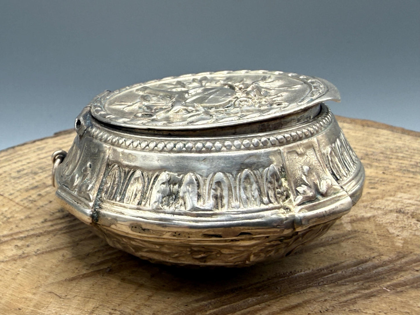 Antique French Silver Trinket Box With Musical Trophy Design