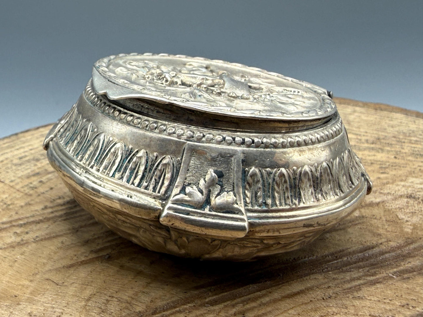 Antique French Silver Trinket Box With Musical Trophy Design