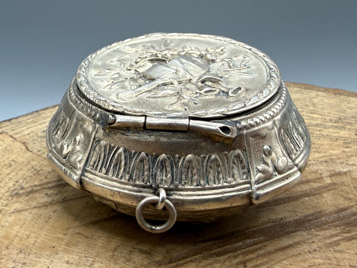 Antique French Silver Trinket Box With Musical Trophy Design