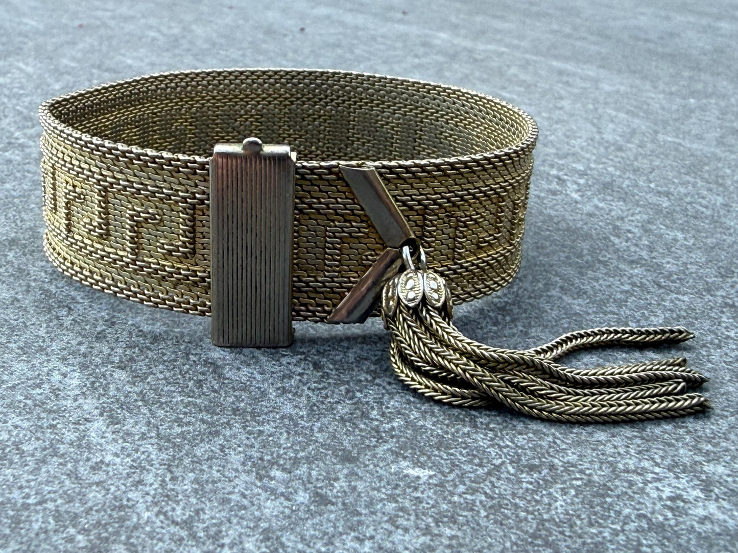 Vintage 1970s Greek Key Tassel Bracelet