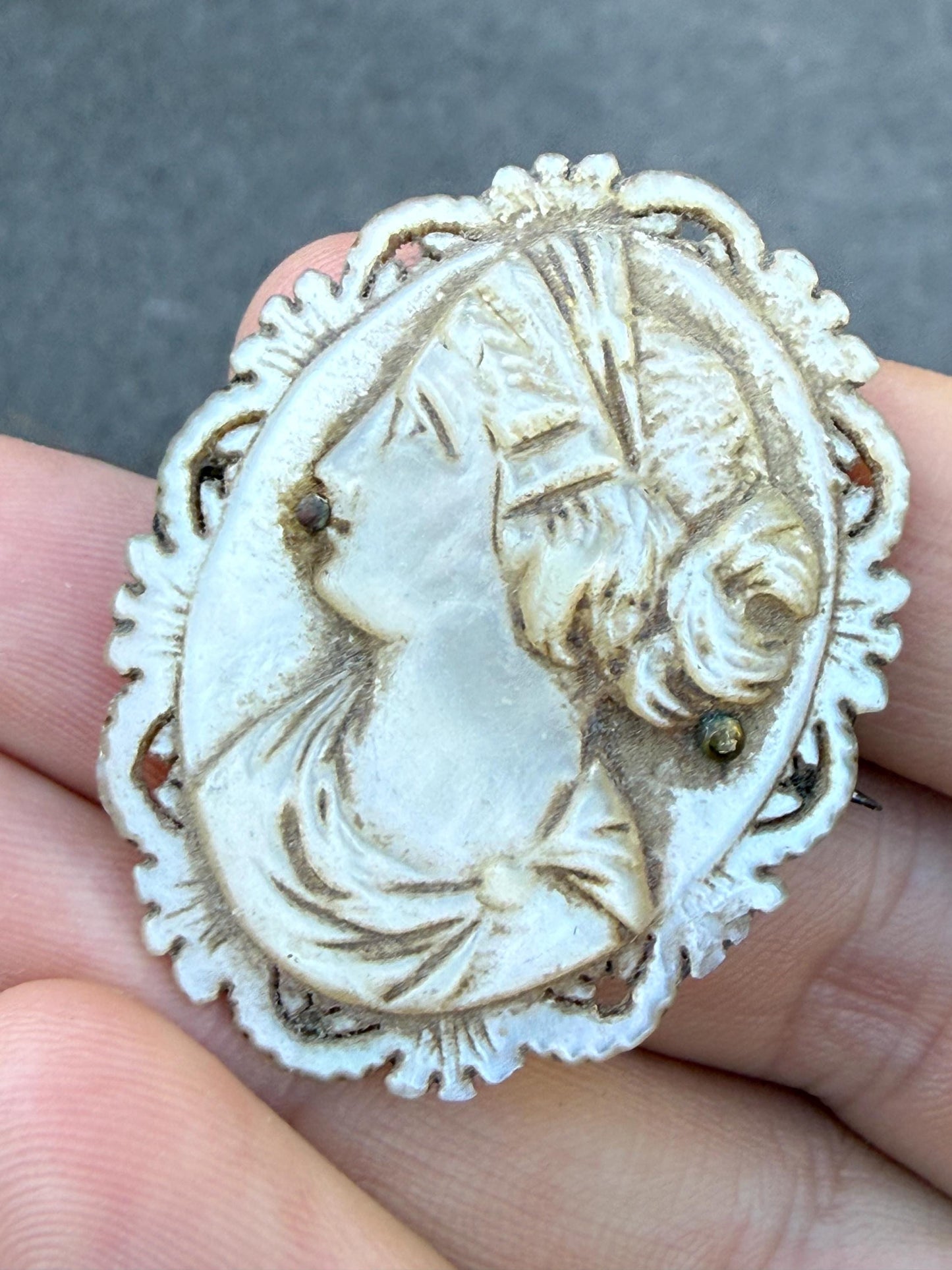 Antique Mother of Pearl Hand Carved Cameo Brooch