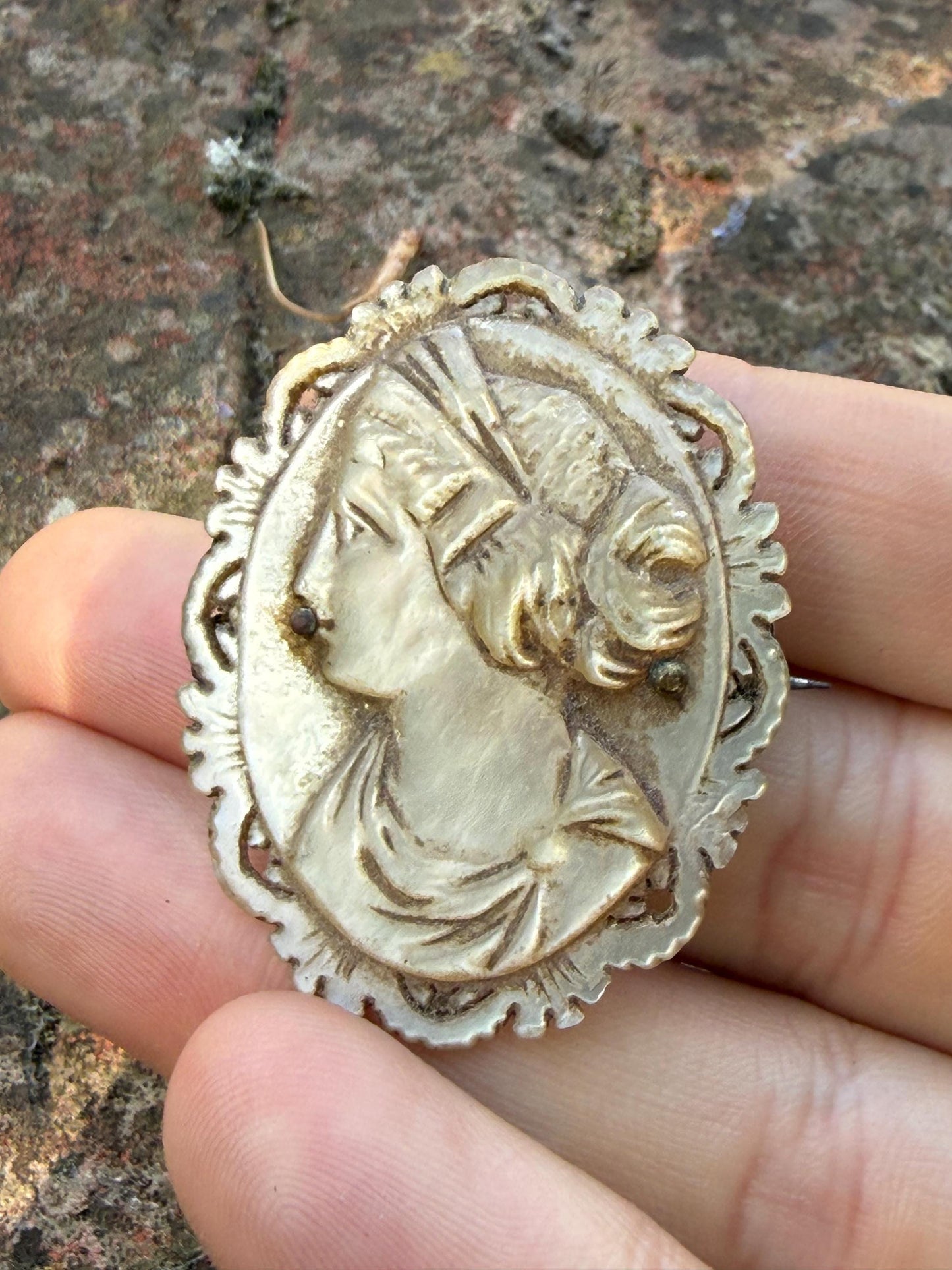 Antique Mother of Pearl Hand Carved Cameo Brooch
