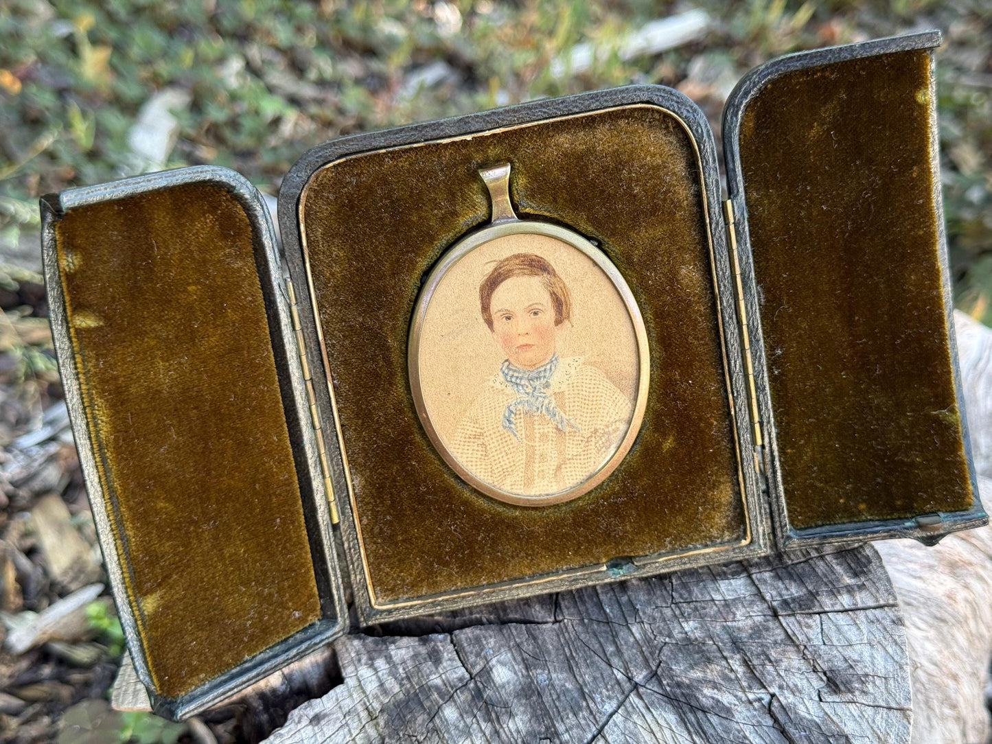 Antique Miniature Portrait, Victorian Boy in Travel Case