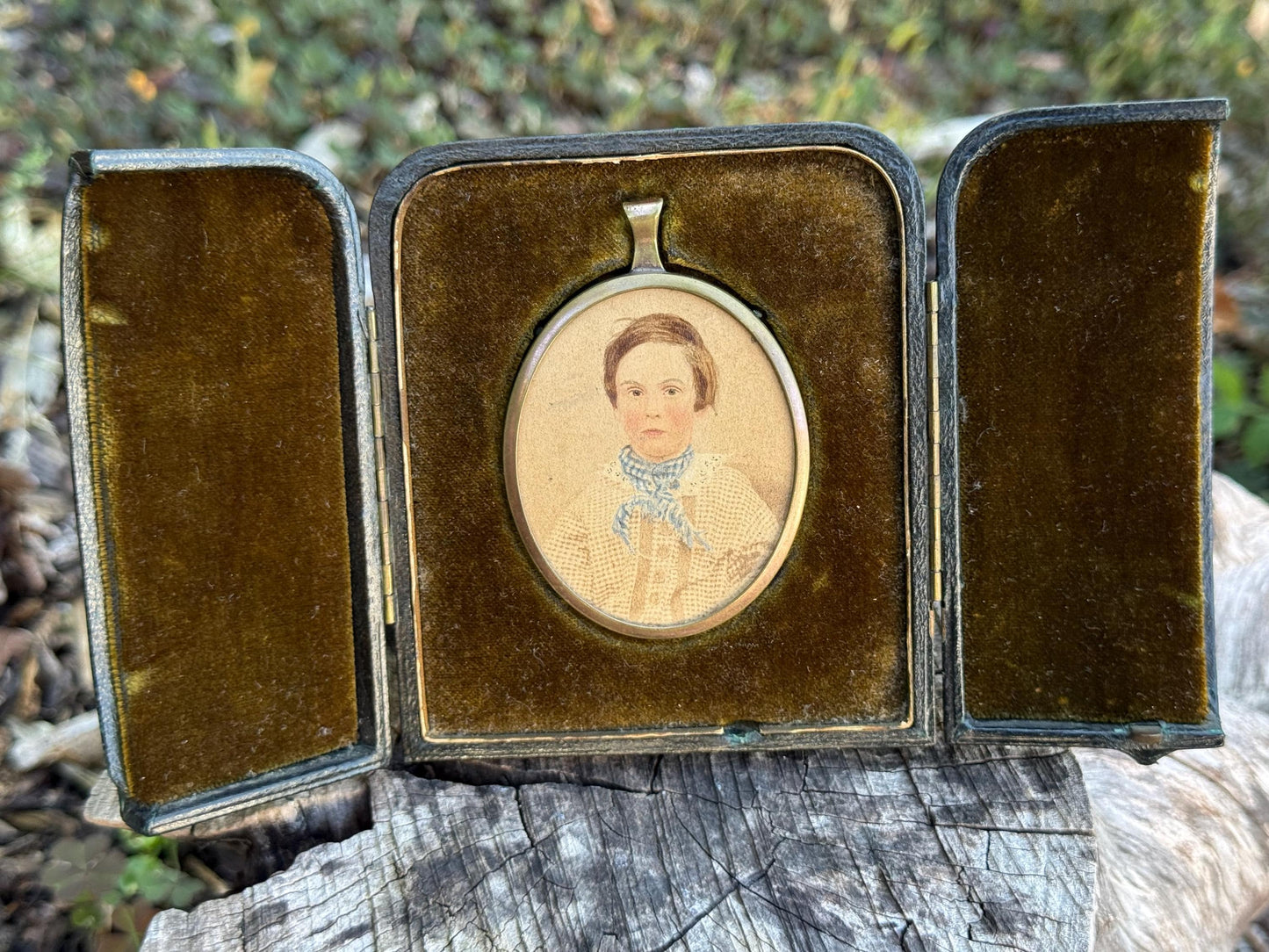 Antique Miniature Portrait, Victorian Boy in Travel Case