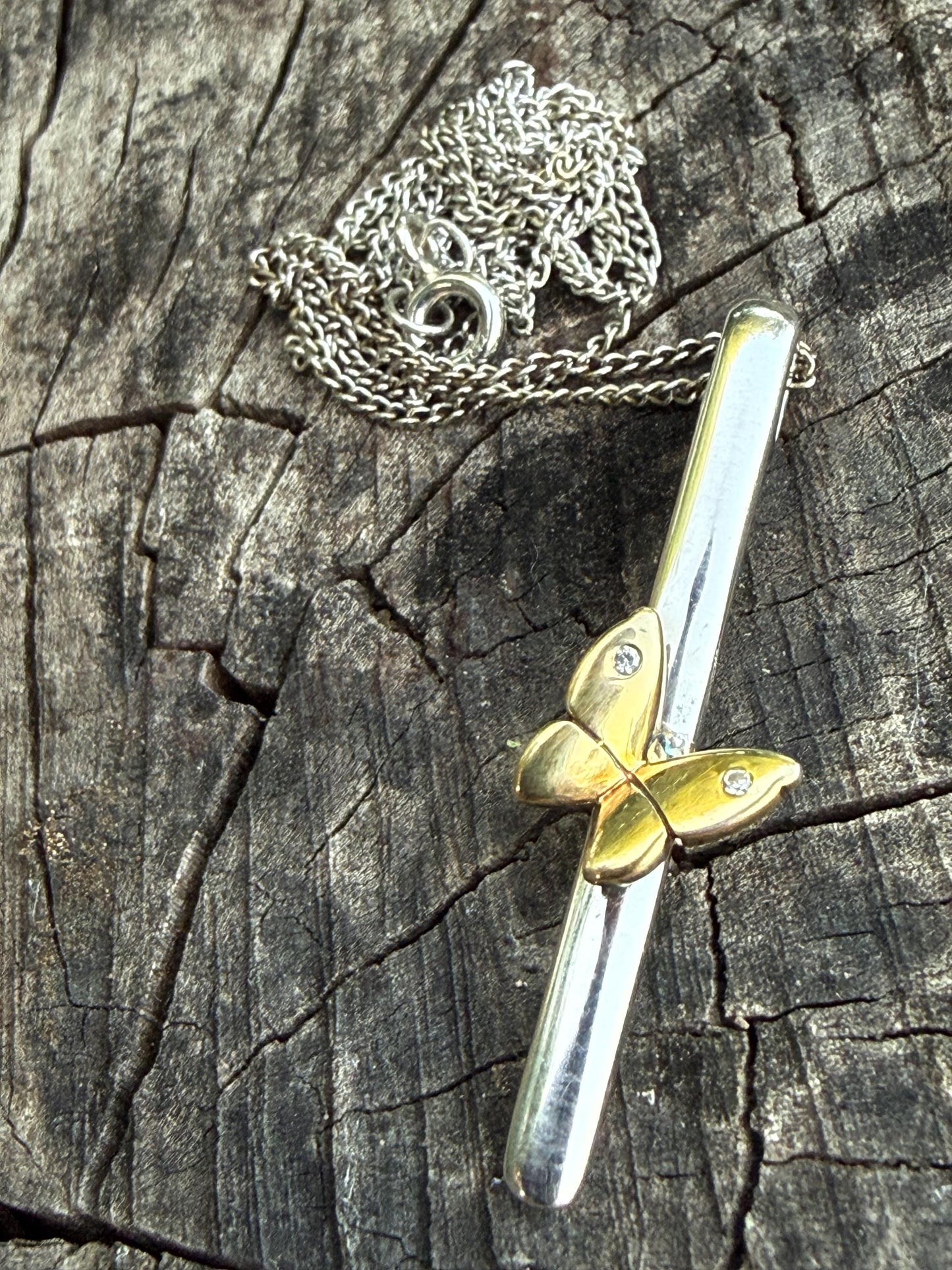 Vintage Sterling Silver & Gold Washed Butterfly Necklace