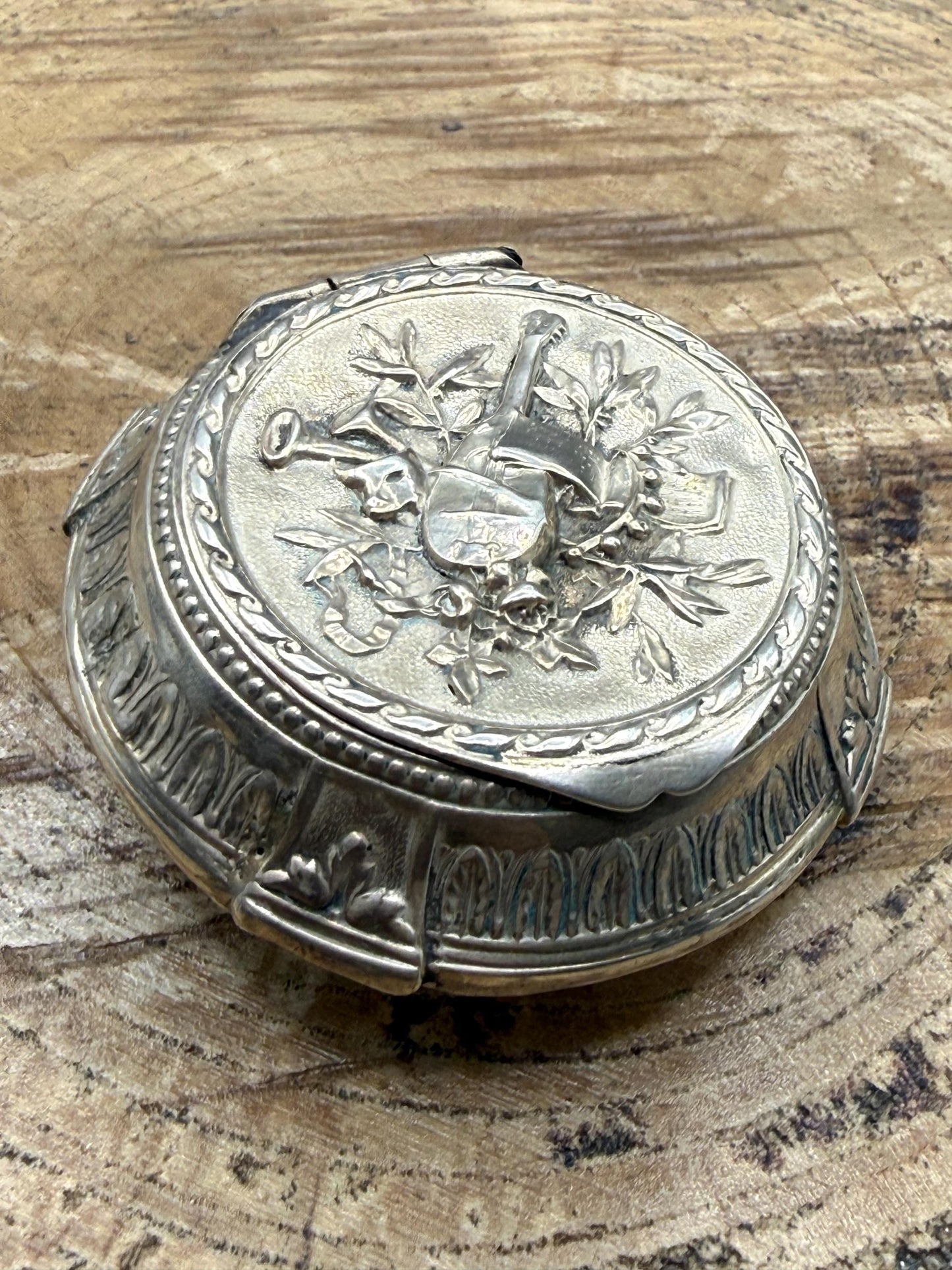Antique French Silver Trinket Box With Musical Trophy Design