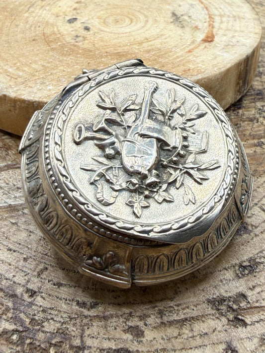 Antique French Silver Trinket Box With Musical Trophy Design