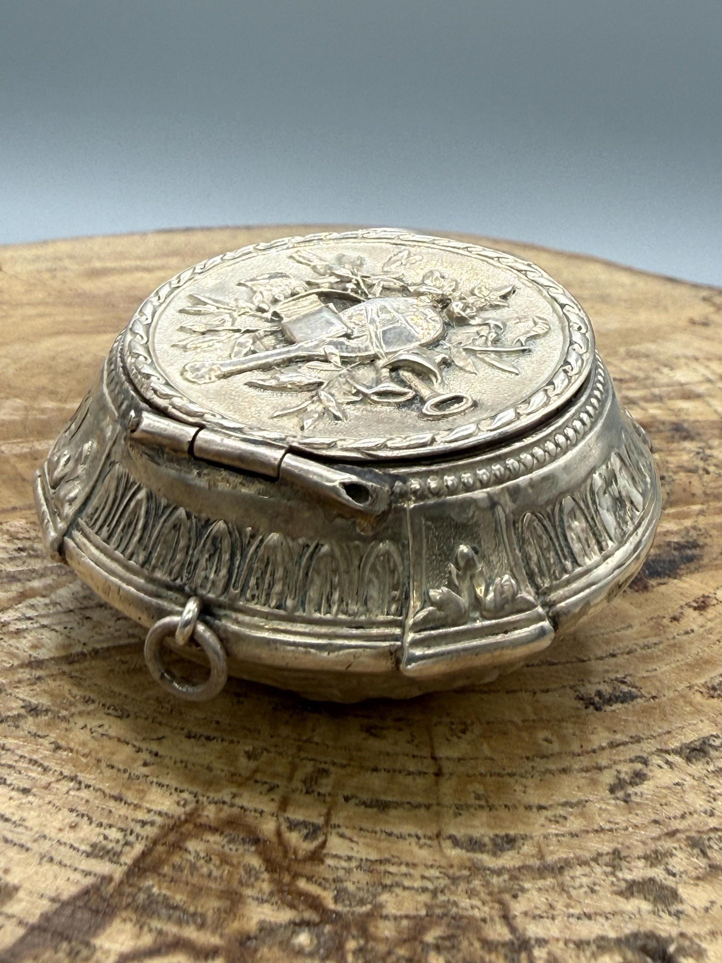 Antique French Silver Trinket Box With Musical Trophy Design