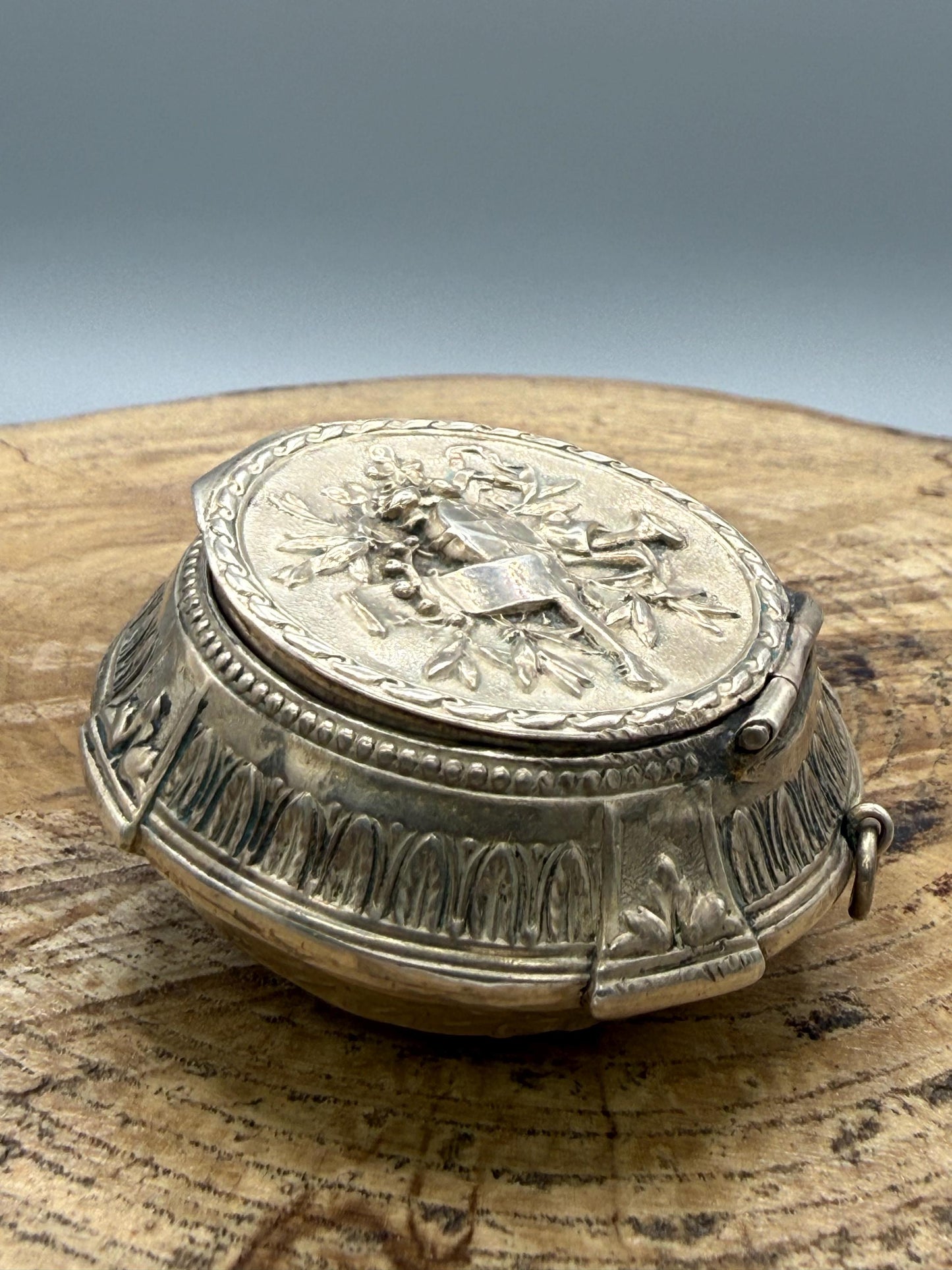 Antique French Silver Trinket Box With Musical Trophy Design
