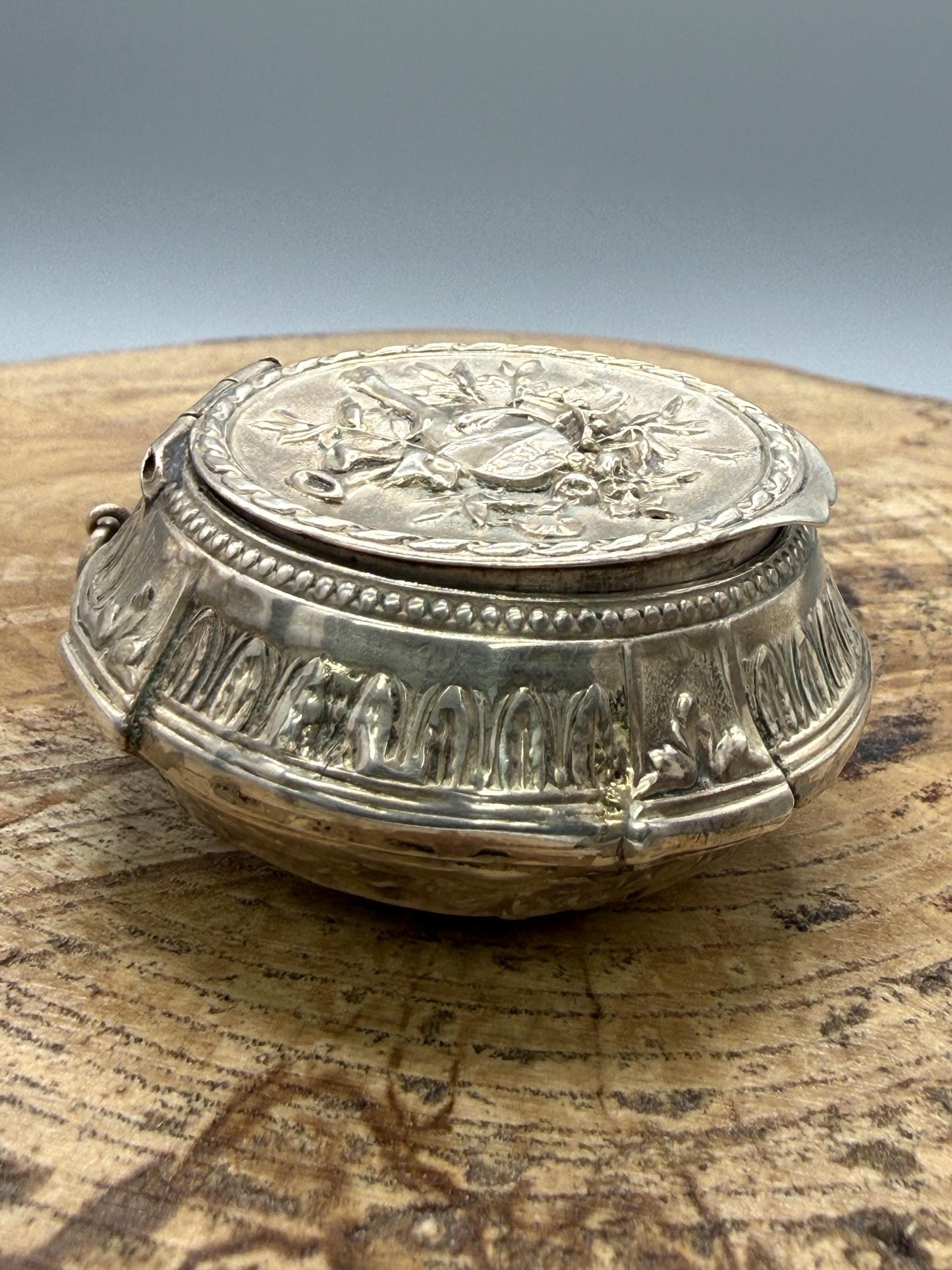 Antique French Silver Trinket Box With Musical Trophy Design