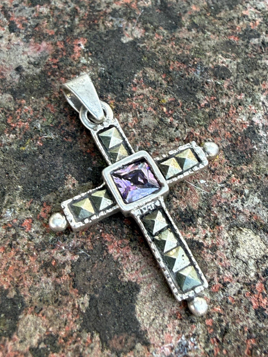 Vintage Sterling Silver Amethyst & Marcasite Cross Pendant